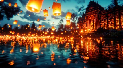Floating lanterns illuminate a temple complex by a serene pond