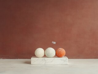 Three colorful wool balls on a marble platform against a deep red backdrop