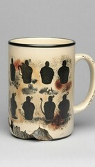 Ceramic mug with black silhouettes of figures