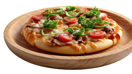 Pizza Feast: A vibrant, top-down shot of a freshly baked pizza, laden with colorful toppings. Pizza in wood plate ready to eat.