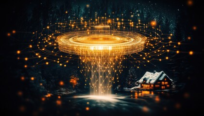 Golden portal over a snowy forest landscape at night
