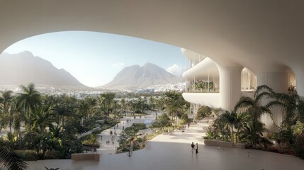 Modern architectural marvel with expansive views of a tropical city landscape
