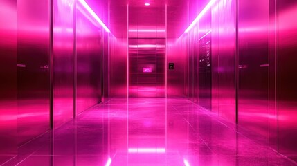 A vibrant, neon-lit hallway with reflective surfaces