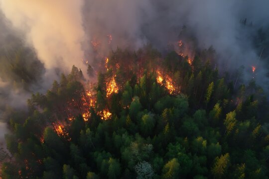 Wide shot of Drone shot of a wildfire consuming a green forest.