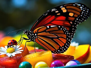 Vibrant monarch butterfly and ladybug on colorful fruit