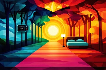Colorful path through a forest, from night to day, leading to a bedroom