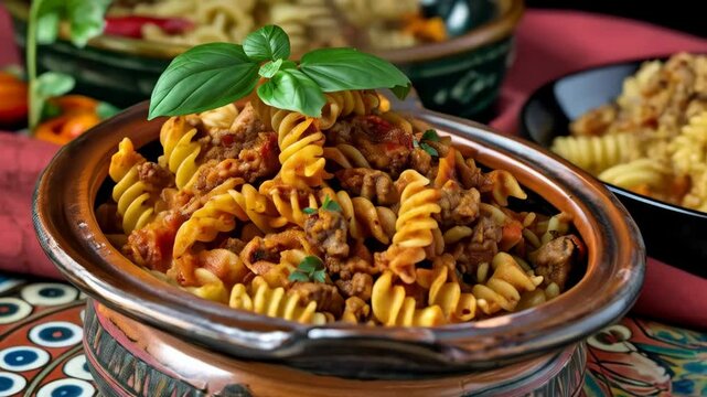 Libyan mbakbaka in a traditional tagine, pasta cooked with spicy tomato sauce and meat. A flavorful and traditional dish from Libya
