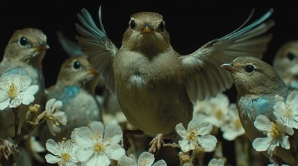 Birds in flight, surrounded by blossoms
