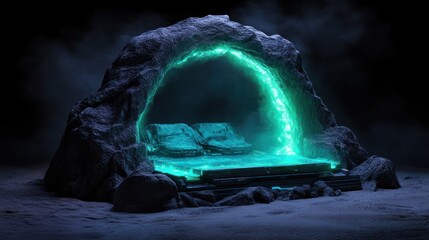 Frozen cave, glowing portal, futuristic interior