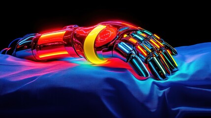 Futuristic robotic arm glowing vibrant colors on a blue surface