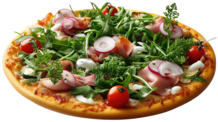 Pizza Perfection: A close-up shot of a delicious pizza, loaded with vibrant ingredients like fresh arugula, juicy tomatoes, and delicate onion rings, ready to satisfy your cravings.