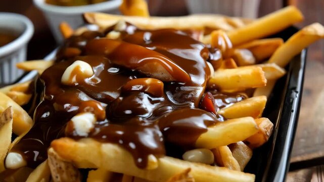 Canadian poutine in a tray, with fries, cheese curds, and brown gravy. A classic and comforting dish from Canada