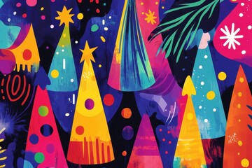 Obraz premium Colorful abstract Christmas tree pattern illustration with star ornaments. Festive holiday season design with vibrant colors and decorative elements on dark background.