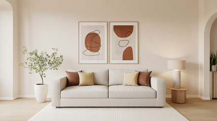 Modern beige living room interior with abstract art