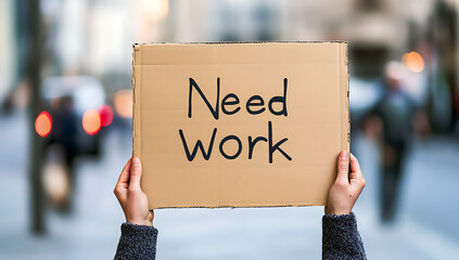Seeking employment: A person holds a cardboard sign with the message "Need Work" in an urban setting, symbolizing job seeking and economic challenges.