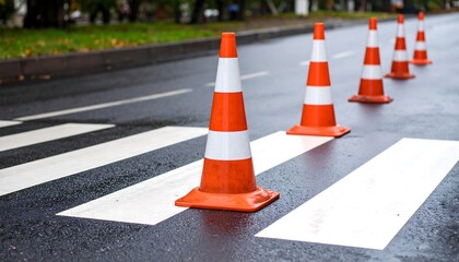 Safety Cones on Wet Crosswalk