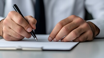 Close-Up of Hands Writing on Blank Paper with a Pen in Office Setting