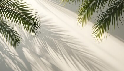 Palm leaves casting shadows on a white wall creating a tropical vibe