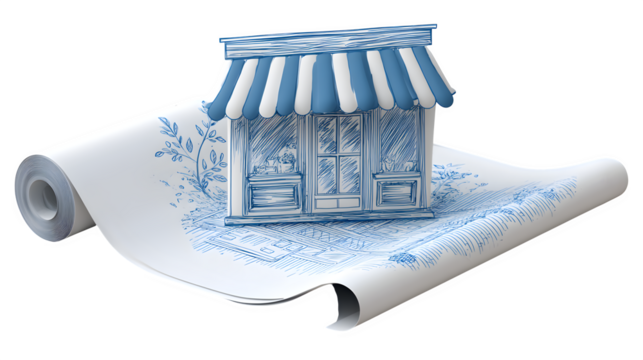 A blueprint of a storefront on a rolled-up scroll, representing small business planning, isolated on Transparent Background
