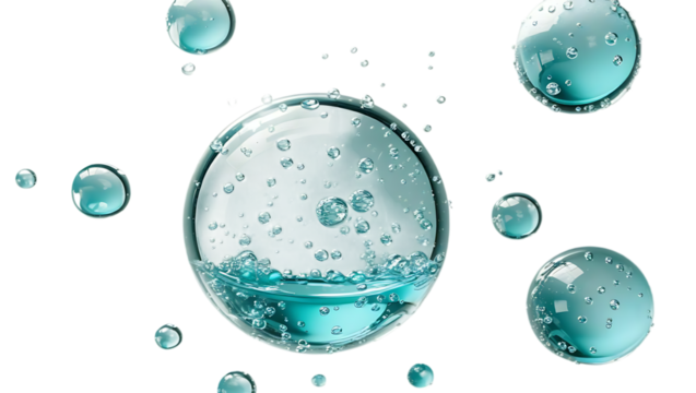 Aqua spheres bubbles floating isolated on a white background