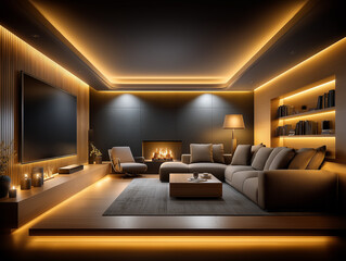 Modern Home Theater: A contemporary home theater design showcases sleek furniture, warm lighting, and a cozy fireplace, creating an inviting ambiance for entertainment.