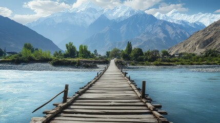 Naklejka premium Scenic Bridge Over a River with Majestic Mountains in Background
