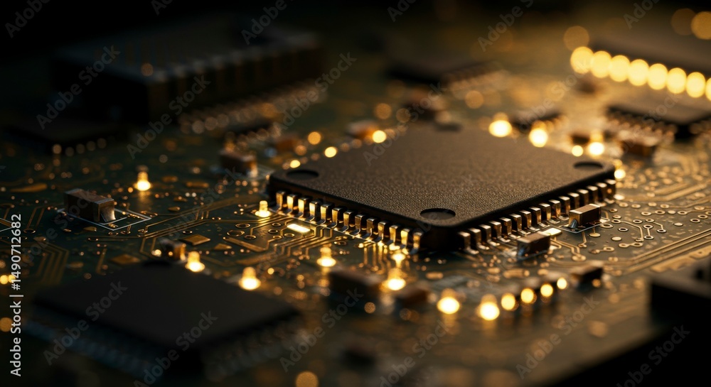 Aufkleber close-up of illuminated microchip on circuit board, showcasing intricate design and golden connector