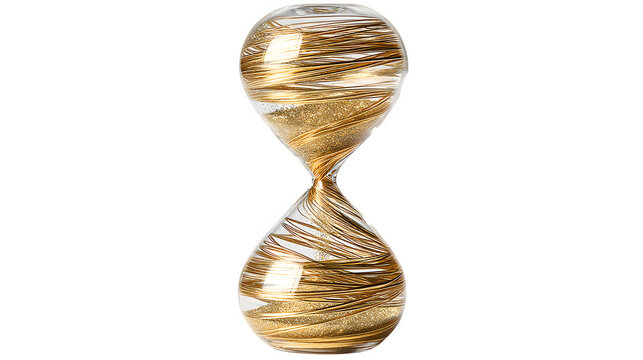 A classic hourglass filled with golden threads, symbolizing the time women invest in diplomacy, isolated on Transparent Background