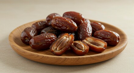 Sweet, succulent dates on a wooden plate, some halved to reveal their pits. A delicious and healthy snack