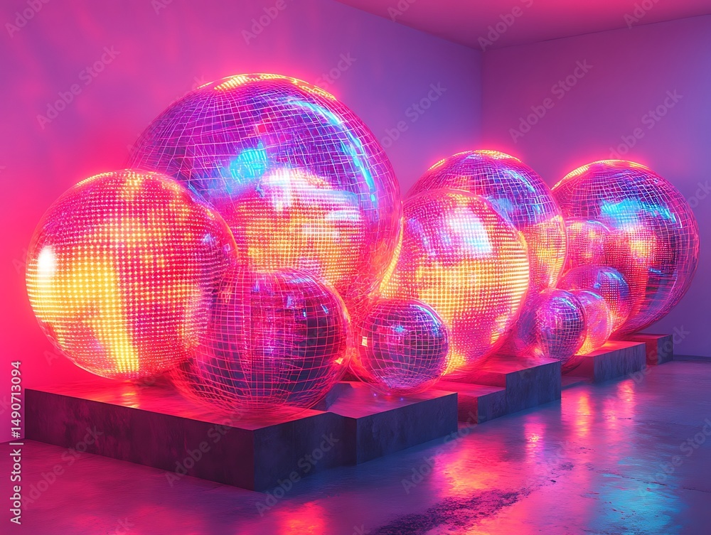 Poster array of luminous mirror balls, bathed in a radiant array of neon colors