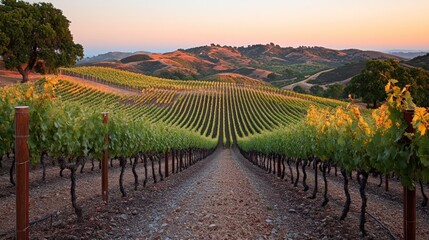 Naklejka premium Picturesque vineyard rows at sunrise