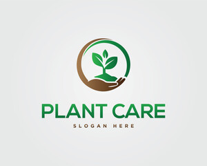 Plant care logo design with hand holding sprout in circle vector template professional symbol for agriculture