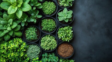Fresh herbs in small pots arranged on dark surface