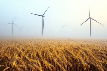 Fototapeta premium Golden wheat field with vertical axis wind turbines at dawn, mist clinging to rotating blades, serene renewable energy landscape