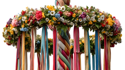 A decorated Maypole with ribbons and midsummer flowers, isolated on Transparent Background