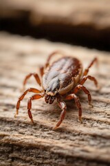 Macro photograph of a brown tick parasite resting on weathered wood surface