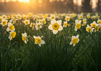 Golden Hour Daffodils Spring Meadow Sunrise Nature Photography
