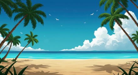 Obraz premium Idyllic beach scene with palm trees, vibrant blue ocean, and fluffy white clouds under a sunny sky