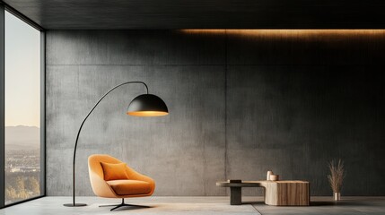 Modern concrete living room with orange armchair and floor lamp