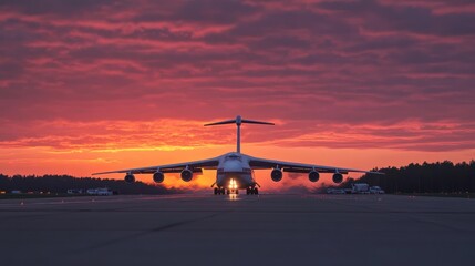 Cargo plane taxiing sunset runway airport