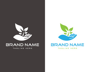 Hand holding plant logo vector template design for eco friendly business brand identity