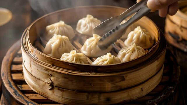 Mongolian buuz, steamed dumplings filled with meat, served on a bamboo steamer tray. A traditional and delicious dish from Mongolia