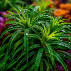 Fototapeta premium Lush green plants with water droplets nature close-up vibrant environment macro photography freshness concept