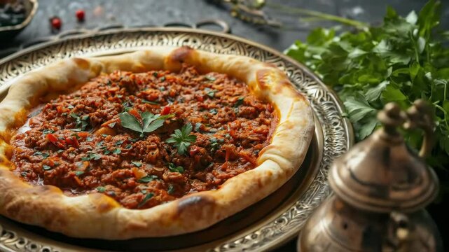 Libyan bazin, a hard dough served with a spicy tomato sauce and meat, presented on a traditional tray. A flavorful and traditional dish from Libya