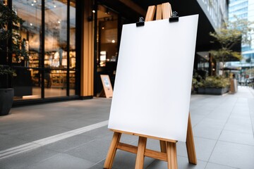A blank sandwich board stands outside a modern cafe on a sunny street, inviting customers to read upcoming specials or announcements.