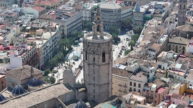 Valencia Cathedral At Valencia Comunidad Valenciana Spain. Breathtaking Aerial View Of Famous Church In The City. Town Clouds Sky Backgrounds Urban. Exterior Backgrounds Panoramic.