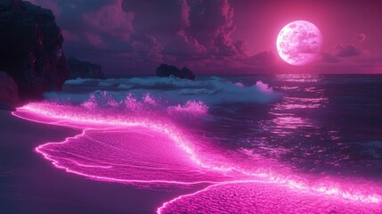 Night ocean scene with pink glowing waves washing onto the shore under a full moon. Dark, moody landscape with water, sand, and sky illuminated in shades of pink and blue.
