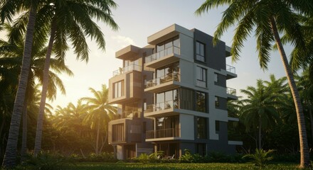 Obraz premium A modern multi-story building with balconies nestled among lush palm trees under a warm, golden sky