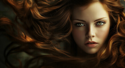 Obraz premium Cachos cativantes: Uma linda mulher com longos e soltos cachos castanhos olha para a câmera com uma intensidade cativante.