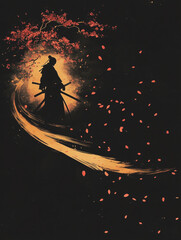 A dark matte background with subtle golden and deep red Japanese accents. A minimalist composition featuring a faint silhouette of a samurai in the mist, soft cherry blossoms falling